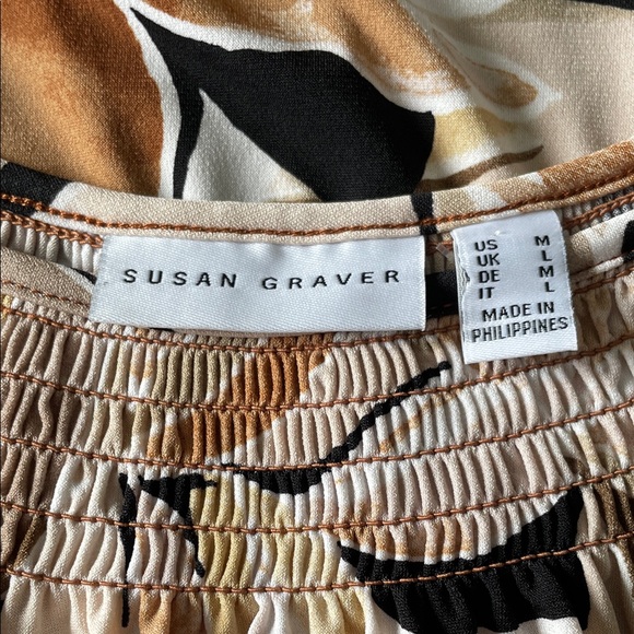 SUSAN GRAVER Scoop Neck Floral Brown & Cream Liquid Knit Popover Tunic Top Med - Picture 6 of 8